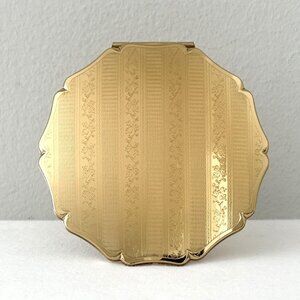 Vintage STRATTON England Gold Scalloped Compact Case Mirror Box Dust Bag Leaflet
